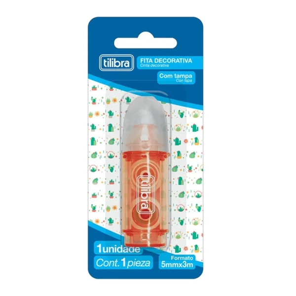 Fita adesiva decorativa 5mm x 3m Laranja Cactos - Tilibra
