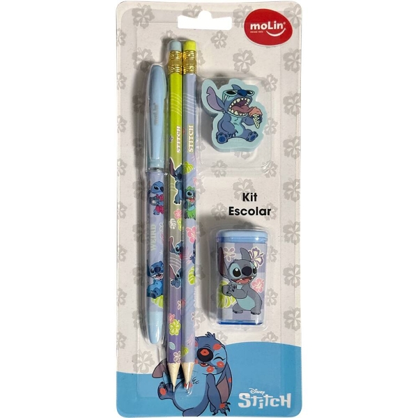 KIT ESCOLAR 5 PEÇAS (1 CANETA, 2 LÁPIS, 1 BORRACHA E 1 APONTADOR) STITCH